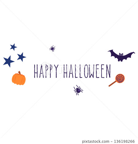 Happy Halloween quote in flat design. Holiday text with pumpkin, bat, candy. Vector illustration isolated. Happy Halloween quote in flat design. Holiday text with pumpkin, bat, candy. Vector illustration isolated. 136198266
