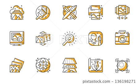 Images icons set in outline stroke design for web. Pack line pictograms with cloud gallery, paint, drawing tools, print, carousel, sync, auto enhance, photo camera, view, other. Vector illustration. Images icons set in outline stroke design for web. Pack line pictograms with cloud gallery, paint, drawing tools, print, carousel, sync, auto enhance, photo camera, view, other. Vector illustration. 136198271
