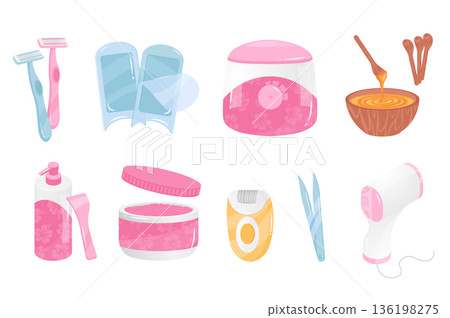 Depilation tools mega set elements in flat cartoon graphic design. Bundle objects of shave razor, waxing, sugaring, hair removal cream, epilator, tweezers, photoepilation, other. Vector illustration. Depilation tools mega set elements in flat cartoon graphic design. Bundle objects of shave razor, waxing, sugaring, hair removal cream, epilator, tweezers, photoepilation, other. Vector illustration. 136198275