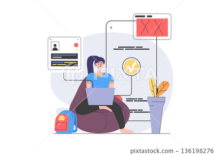App development concept in modern flat design for web. Woman designer programming at laptop, engineering social media site interface, placing content at homepage mobile mockup. Vector illustration. 136198276