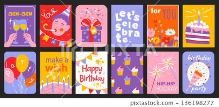 Birthday party typography template posters. Covers with champagne cheers, garland, gift, flower, cake with candles, balloons, other. Social media banners set in retro 90s design. Vector illustration. Birthday party typography template posters. Covers with champagne cheers, garland, gift, flower, cake with candles, balloons, other. Social media banners set in retro 90s design. Vector illustration. 136198277