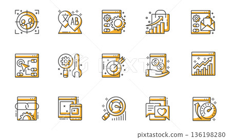 SEO icons set in outline stroke design for web. Pack line pictograms with target market, keyword, optimization, settings, increase graph, email, speed traffic, marketing, other. Vector illustration. 136198280