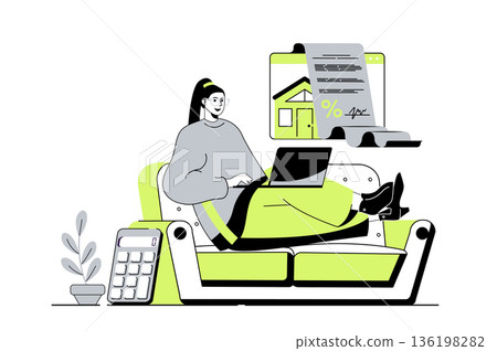 Mortgage web concept with flat cartoon people for website design. Woman getting mortgage online, using financial insurance, signing agreement contract with bank to buy new house. Vector illustration. 136198282