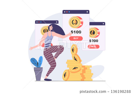 Cryptocurrency marketplace concept in modern flat design for web. Woman earning different crypto coins at digital wallets, investing digital money and getting financial growth. Vector illustration. 136198288