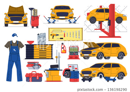 Auto service set in flat graphic design. Collection isolated elements of car diagnostics, mechanic clothes, open hood, jacks, lifter, oil, tools, canister, wheel alignment, other. Vector illustration. 136198290