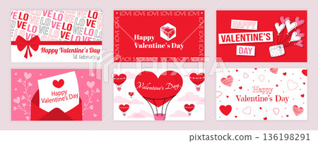Valentines Day cover typography templates set for social media. Greeting cards design with red ribbon with bow, heart couple, gift with balloons, love letter, hot air ballon. Vector illustration. Valentines Day cover typography templates set for social media. Greeting cards design with red ribbon with bow, heart couple, gift with balloons, love letter, hot air ballon. Vector illustration. 136198291