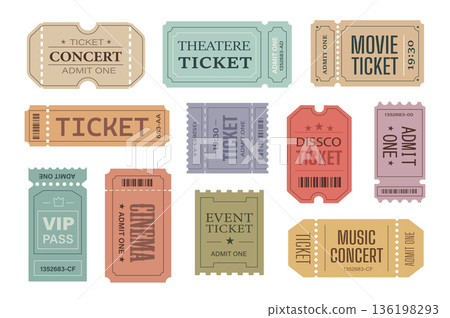 Retro ticket templates set in flat graphic design. Collection isolated elements of vip pass, access badges to concert, theatre, movie, disco, cinema, music festival show, other. Vector illustration. 136198293