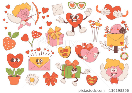 Groovy Valentine day set elements in flat graphic design. Collection of funny cupid with arrow, love letters, heart, glasses, couple hug, daisy flower, gifts, strawberry, other. Vector illustration. 136198296
