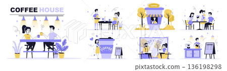 Coffee house concept set in flat web design. Collection with people drinking hot morning beverage at cafe or bistro, barista making espresso. Flat vector illustration isolated on white background. 136198298