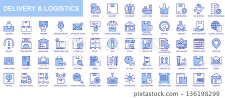 Delivery and logistics web icons set in duotone outline stroke design. Pack pictograms with package, destination, air shipping, order, processing, courier, payment, parcel, cargo. Vector illustration. Delivery and logistics web icons set in duotone outline stroke design. Pack pictograms with package, destination, air shipping, order, processing, courier, payment, parcel, cargo. Vector illustration. 136198299