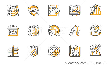 Business strategy icons set in outline stroke design for web. Pack line pictograms with target, catch, list schedule, research market, rating, advertisement, marketing, other. Vector illustration. Business strategy icons set in outline stroke design for web. Pack line pictograms with target, catch, list schedule, research market, rating, advertisement, marketing, other. Vector illustration. 136198300