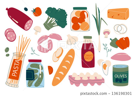 Basic food products set in flat graphic design. Collection isolated elements of salami, sausages, canned tomato and cucumber, cheese, vegetable, eggs, bread, pasts, olives, other. Vector illustration. 136198301