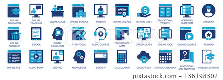 Online education icon set in flat duotone solid icons web design. Pack pictograms with teaching, class, school, mentor, tutor cost, educational, learning platform, student, other. Vector illustration. Online education icon set in flat duotone solid icons web design. Pack pictograms with teaching, class, school, mentor, tutor cost, educational, learning platform, student, other. Vector illustration. 136198302