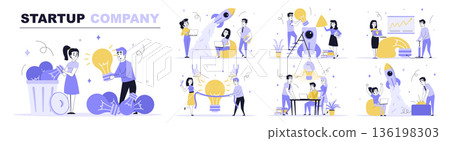 Startup company concept set in flat web design. Collection with people brainstorming, find best idea, investing in new project, launch rocket. Flat vector illustration isolated on white background. 136198303