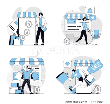 Mobile commerce concept set in flat design for web. Collection with people making online shopping, ordering new products and making purchases at salses, paying online in apps. Vector illustrations. Mobile commerce concept set in flat design for web. Collection with people making online shopping, ordering new products and making purchases at salses, paying online in apps. Vector illustrations. 136198309