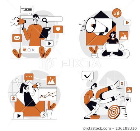 Digital marketing concept set in flat design for web. Collection with people with megaphones and magnets attracting new clients, doing advertising, online promotion with emails. Vector illustrations. 136198310