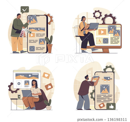 Content manager concept scenes set in flat web design. People in situations of creating photos, images, videos and text contents for webpage filling, planning online posting. Vector illustrations. Content manager concept scenes set in flat web design. People in situations of creating photos, images, videos and text contents for webpage filling, planning online posting. Vector illustrations. 136198311