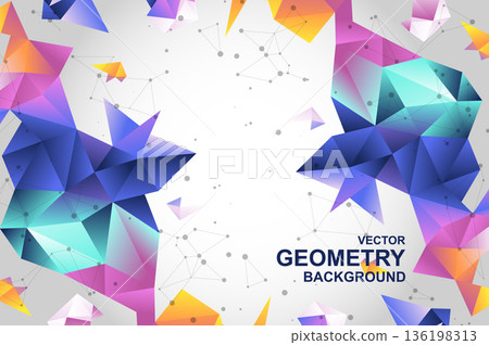 Abstract background with bright different colors geometric form structures and particles links. Wallpaper with dots connects and triangular polygons texture on white backdrop. Vector illustration 136198313