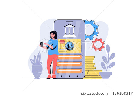 Mobile banking web concept with cartoon people design. Woman making financial management, accounting and transaction, paying for purchase in app. Flat vector illustration isolated on white background. 136198317