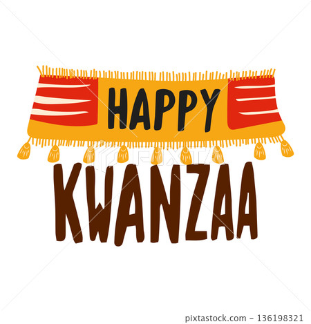 Happy Kwanzaa in flat design. Holiday greeting text with banner flag. Vector illustration isolated. Happy Kwanzaa in flat design. Holiday greeting text with banner flag. Vector illustration isolated. 136198321