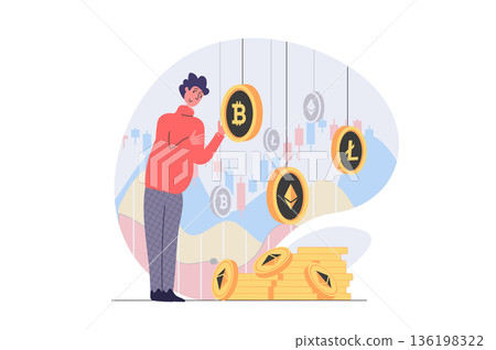 Cryptocurrency marketplace concept in modern flat design for web. Man earning ethereum, litecoin and bitcoin at digital wallets, investing digital money in different crypto coins. Vector illustration. Cryptocurrency marketplace concept in modern flat design for web. Man earning ethereum, litecoin and bitcoin at digital wallets, investing digital money in different crypto coins. Vector illustration. 136198322