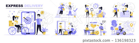 Express delivery concept set in flat web design. Collection with people tracking online order shipping, courier delivering packages to clients. Flat vector illustration isolated on white background. 136198323