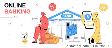 Online banking concept in flat cartoon design for web banner. People managing financial accounts from smartphone app or bank page from laptop, doing transactions, saving money. Vector illustration. 136198325