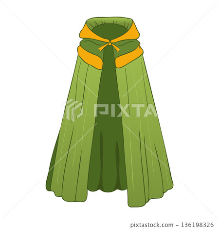 Green magic cloak with hood in flat design. Cape clothing with wavy fabric. Vector illustration isolated. Green magic cloak with hood in flat design. Cape clothing with wavy fabric. Vector illustration isolated. 136198326