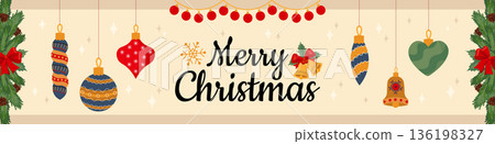 Merry Christmas banner design. Xmas party invitation template with winter hanging balls and toys, fir branches frames with pine cones and red bows, bells and shines, snowflakes. Vector illustration. Merry Christmas banner design. Xmas party invitation template with winter hanging balls and toys, fir branches frames with pine cones and red bows, bells and shines, snowflakes. Vector illustration. 136198327