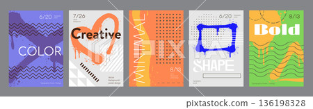 Minimalism geometric poster cover set. A4 banners with brutalism simple forms, graffiti spraying paint shapes, dots or striped patterns. Modernism art design with Y2K aesthetics. Vector illustration. Minimalism geometric poster cover set. A4 banners with brutalism simple forms, graffiti spraying paint shapes, dots or striped patterns. Modernism art design with Y2K aesthetics. Vector illustration. 136198328