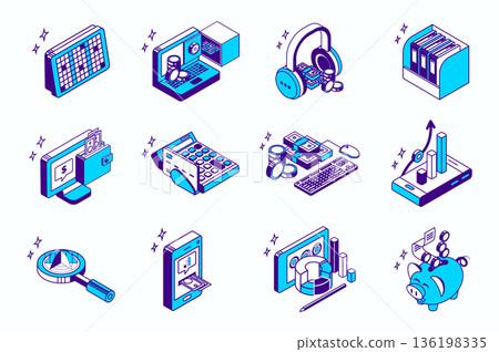 Accounting and auditing concept 3d isometric icons set for web isometry design. Collection elements of finance in bank safe, folders, calculator, money in wallet, charts, more. Vector illustration. Accounting and auditing concept 3d isometric icons set for web isometry design. Collection elements of finance in bank safe, folders, calculator, money in wallet, charts, more. Vector illustration. 136198335