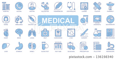 Medical icons set in duotone outline stroke design for web. Pack pictograms of hospital, doctor, helicopter, thermometer, stethoscope, license, pharmacy, nurse, ambulance, other. Vector illustration. Medical icons set in duotone outline stroke design for web. Pack pictograms of hospital, doctor, helicopter, thermometer, stethoscope, license, pharmacy, nurse, ambulance, other. Vector illustration. 136198340