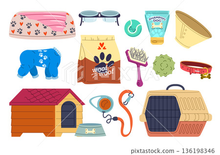 Dog pet supplies set in flat graphic design. Collection isolated elements of bed, feeding bowl, shampoo, veterinary collar, clothes, food package, brush, balls, carrier, other. Vector illustration. 136198346