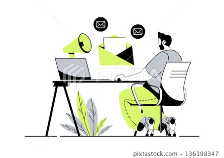 Email marketing web concept with flat cartoon people for website design. Man sending information letters to clients, receiving promo newsletters with online business promotion. Vector illustration. 136198347