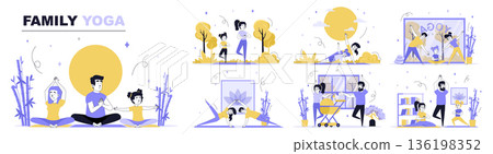 Family yoga concept set in flat web design. Collection with people practicing asanas with children, training near infant baby, make meditation. Flat vector illustration isolated on white background. 136198352