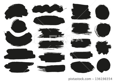 Black ink stains mega set elements in flat graphic design. Bundle objects of rough brush stroke patterns and dirty paint blobs with grunge edges in different abstract forms. Vector illustration. 136198354
