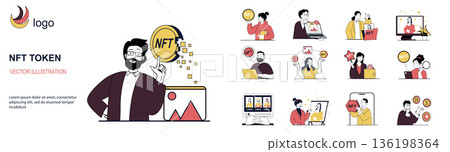 NFT token concept with character situations mega set in flat web design. Bundle of scenes people creating digital arts for sell at online auctions and buy for cryptocurrency. Vector illustrations. 136198364