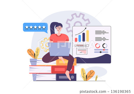 Business activities concept in modern flat design for web. Businesswoman doing financial analytics and marketing research at laptop, analizing charts and graphs, doing paperwork. Vector illustration. 136198365