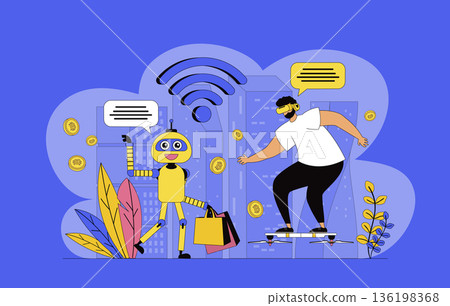 Futuristic megalopolis concept with modern flat design for web. Man using vr headset and flying drones, living in smart city with wireless technologies and robot assistants. Vector illustration. Futuristic megalopolis concept with modern flat design for web. Man using vr headset and flying drones, living in smart city with wireless technologies and robot assistants. Vector illustration. 136198368