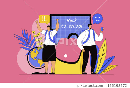 Back to school concept with modern flat design for web. Schoolgirl and schoolboy with backpack going to classroom with blackboard, learning at lessons and studying at seminars.Vector illustration. 136198372