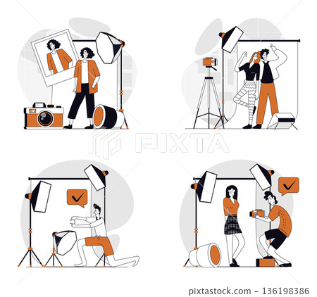 Photo studio concept set in flat design for web. Collection with people getting professional photography shot, posing for portrait, photographer working at fashion shooting. Vector illustrations. Photo studio concept set in flat design for web. Collection with people getting professional photography shot, posing for portrait, photographer working at fashion shooting. Vector illustrations. 136198386