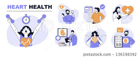 Heart health concept set in flat web design. People in isolated scenes doing cardio training, measuring blood pressure and cardiograms, cardiologist research patient organs. Vector illustrations. 136198392