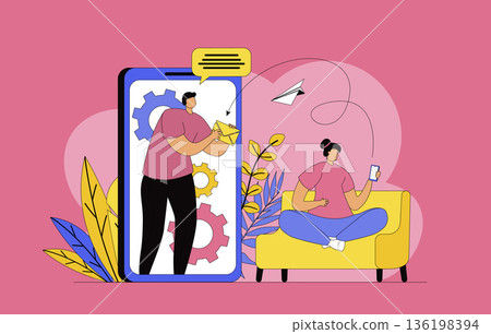 Mobile email service concept with modern flat design for web. Woman writing new digital letter and sending in smartphone app, man receiving new mail and mailbox notifications. Vector illustration. Mobile email service concept with modern flat design for web. Woman writing new digital letter and sending in smartphone app, man receiving new mail and mailbox notifications. Vector illustration. 136198394