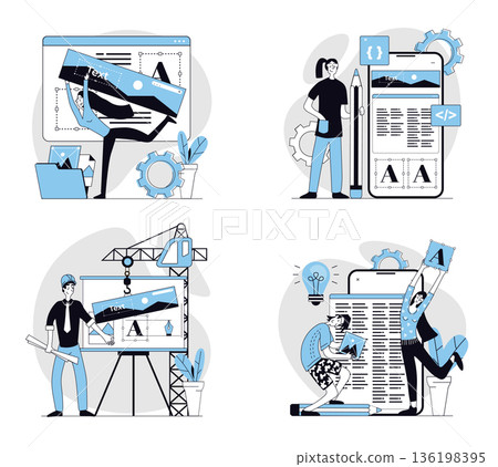 Web design concept set in flat design. Collection with people building wireframe layout with content filling, creating graphic elements for applications or sites interface. Vector illustrations. Web design concept set in flat design. Collection with people building wireframe layout with content filling, creating graphic elements for applications or sites interface. Vector illustrations. 136198395