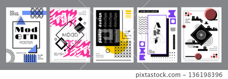 Abstract cover typography template. Posters layouts with creative artistic compositions with geometric shapes, grids, dot textures, fractals. Modern banners set in retro design. Vector illustration. Abstract cover typography template. Posters layouts with creative artistic compositions with geometric shapes, grids, dot textures, fractals. Modern banners set in retro design. Vector illustration. 136198396
