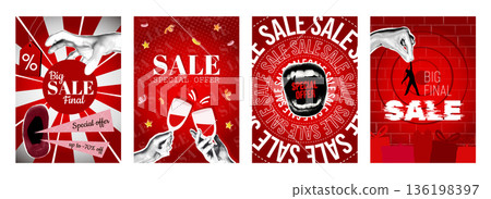 Sale cover typography template in vintage collage design for social media. Trendy greeting cards with hands points clearance, open mouth shouting offers, champagne for clients. Vector illustration. 136198397