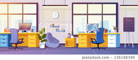 Coworking interior background for banner design. Empty open office with computers on desks and chairs, armchair by table with coffee break, big windows, tasks board, decor. Vector cartoon illustration 136198399
