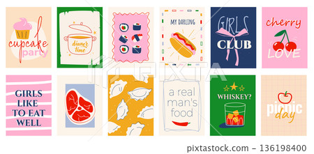 Cooking food cover typography template for posters, prints. Minimalistic banners set with cupcake party, dinner time, sushi, hot dog, cherry, meat, whiskey, picnic day, quotes. Vector illustration. Cooking food cover typography template for posters, prints. Minimalistic banners set with cupcake party, dinner time, sushi, hot dog, cherry, meat, whiskey, picnic day, quotes. Vector illustration. 136198400