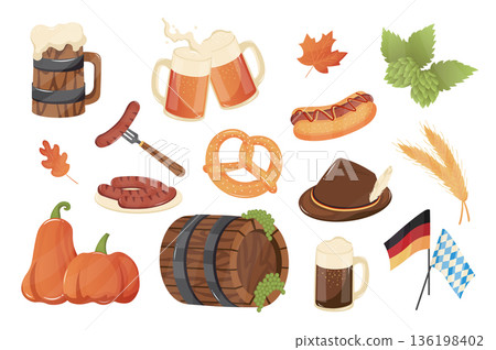 Oktoberfest items mega set elements in flat cartoon graphic design. Bundle objects of beer mugs, sausages, pretzel, autumn leaf, hops, pumpkin, wooden barrel, Germany flag, other. Vector illustration. 136198402