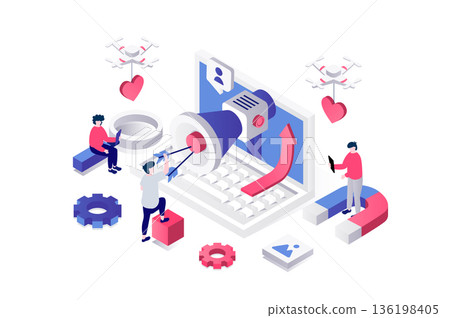 Social media marketing 3d isometric concept in geometry graphic design for web. People making online advertisement, promotion campaign, create branding, attract new customers. Vector illustration. 136198405